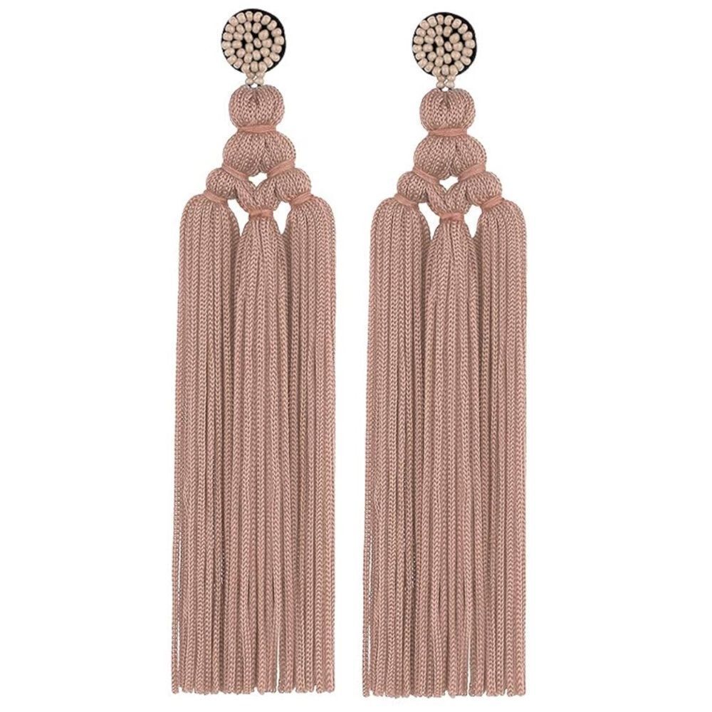 Long Tan Hand Woven Tassel Knot Fringe Boho Dangling Drop Post Back Earrings